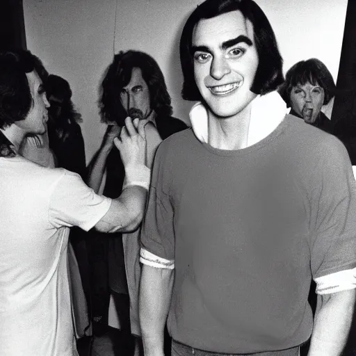 Prompt: a real life and handsome lord farquaad posing for the camera in the 1980s, polaroid, fashion show backstage