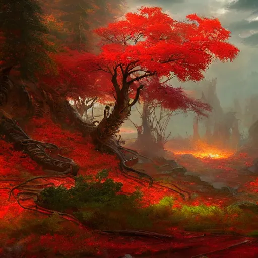 Image similar to red autumn forests with a single giant derelict copper warrior statue, fantasy concept art by tyler edlin, antoine blanchard, thomas cole