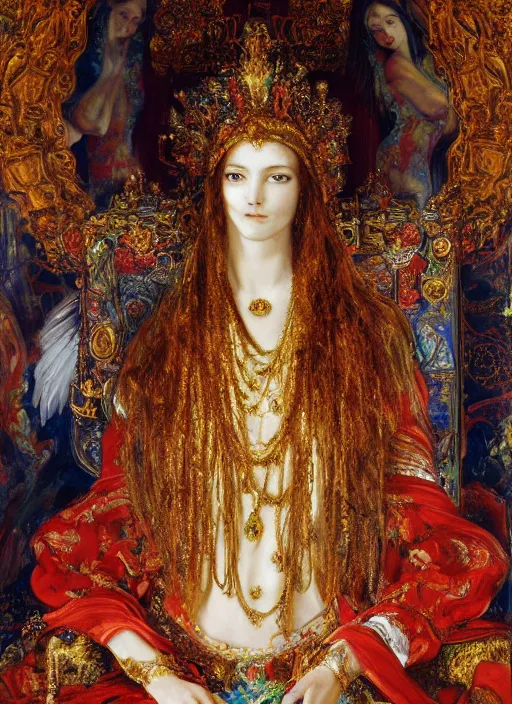 Image similar to oil painting of portait Queen of Ecstasy in a large throne room, Hungarian, by Yoshitaka Amano, by Georgia o Keeffe, by Gustave Moreau