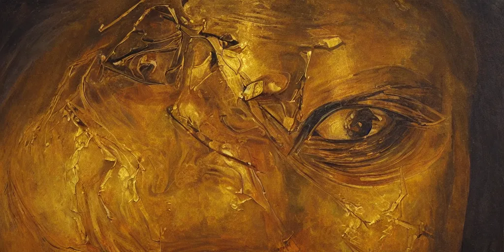 Image similar to golden abstract painting of a man removing a nail from his third eye