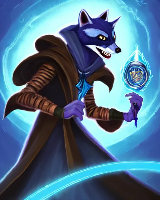 Prompt: closeup, highly detailed digital illustration portrait of hooded sorcerer druid necromancer sly cooper rocket the raccoon casting a magical energy sparkling swirling blue glowing spell in an ancient castle, action pose, d & d, magic the gathering, by rhads, frank frazetta, lois van baarle, jean - baptiste monge, disney, pixar,