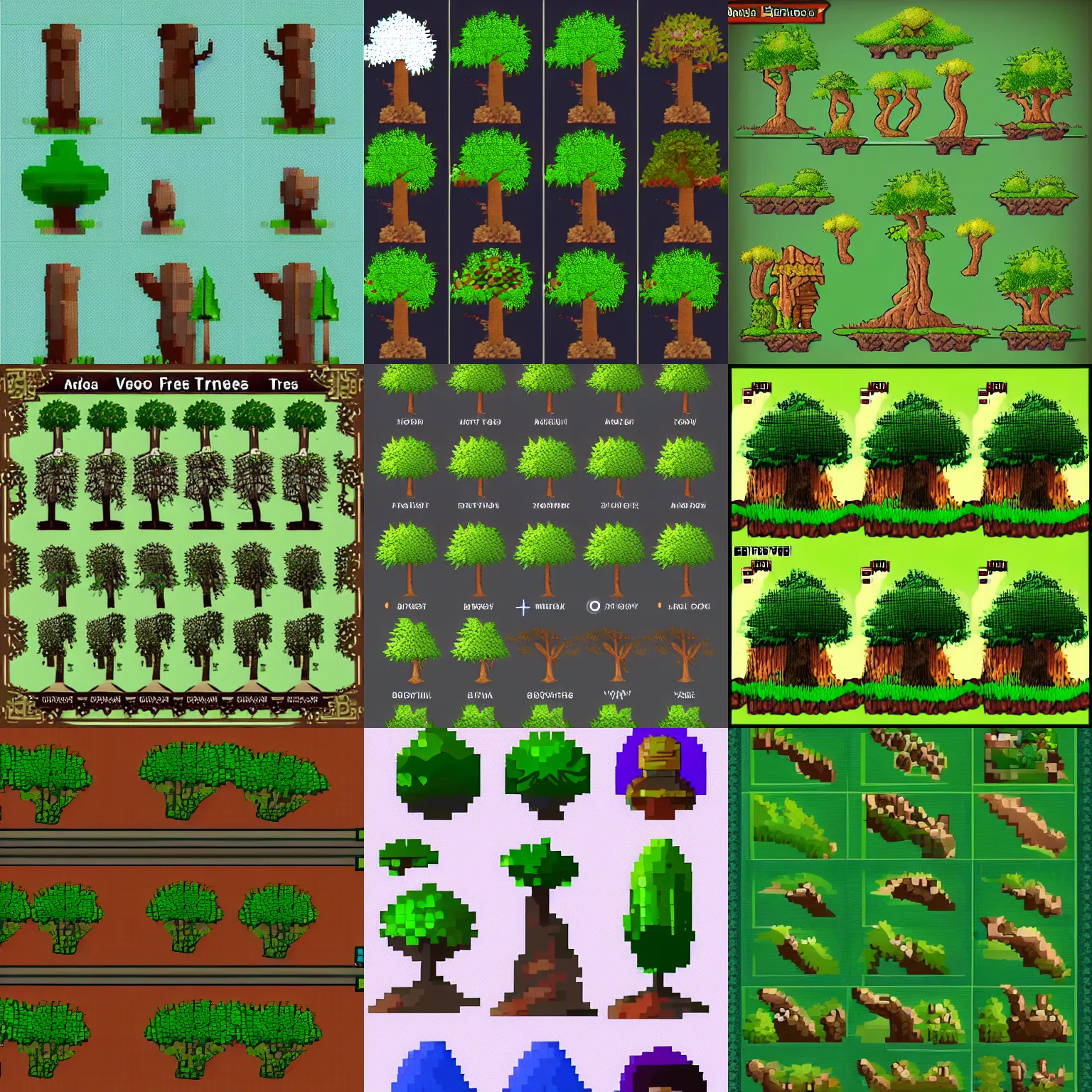 Prompt: a video game sprite sheet of fantasy forest trees