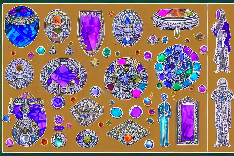 Image similar to illustration of design sheet of sets of various figures carved out of gemstones, prismatic colors, magic trinkets, ornate patterns