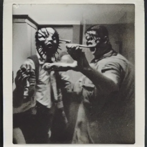 Image similar to a crime scene polaroid photo of a zombie attack