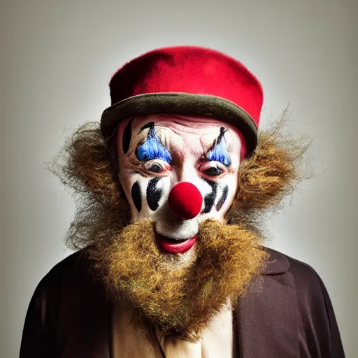 Image similar to an very old clown with a big nose of an alcoholic, happy look, studio photograph, soft lighting