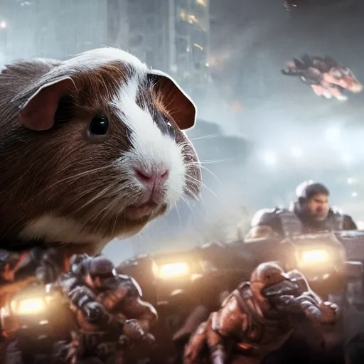 Image similar to guinea pig in gears of war, splash art, movie still, detailed face, photorealistic facial features, cinematic lighting, dramatic, octane render, long lens, shallow depth of field, bokeh, anamorphic lens flare, 8 k, hyper detailed, 3 5 mm film grain