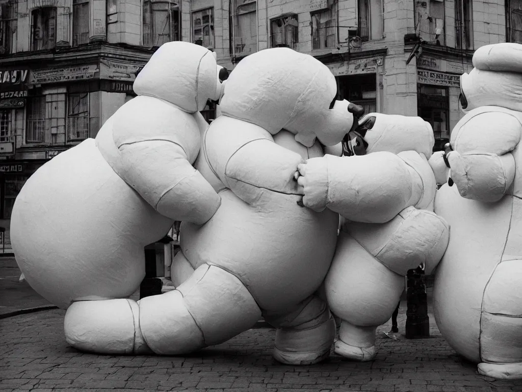 Image similar to 3 5 mm kodachrome colour photography of michelin man and stay - puft marshmallow man kissing each other, in love, taken by harry gruyaert