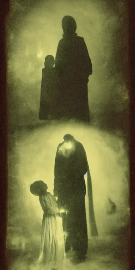 Image similar to spirit photography with glowing bulbous ectoplasm, scary shadow people, sleep paralysis demon, 1 9 0 0 s, slimer, mourning family, invoke fear and dread, old photograph, daguerreotype