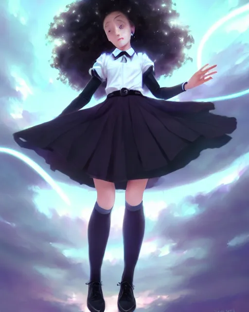 Prompt: innocent young teen girl, black magical school student uniform, white curly hair, casting a bright large-scale magical spell around herself, overflowing energy, highly detailed, digital painting, trending on artstation, pixiv, concept art, sharp focus, illustration, art by Ross Tran and Greg Rutkowski and Walt Disney animation