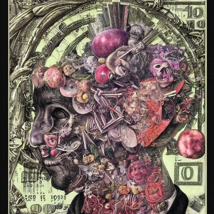 Image similar to new age album cover, asymmetrical design, dollar bank notes, capitalism, magic, psychedelic, black white pink, highly detailed, magic, giger h. r., giuseppe arcimboldo