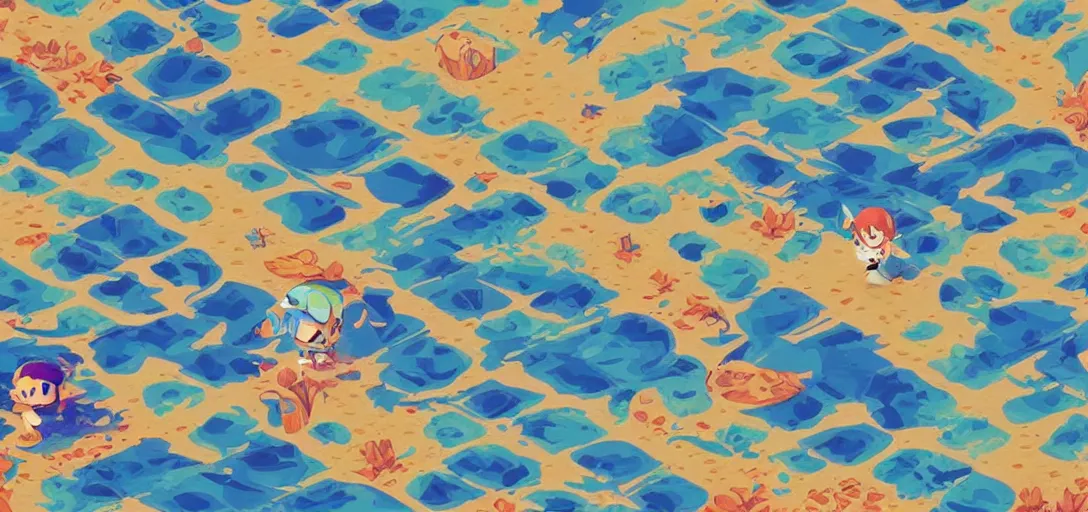 Image similar to pattern of water, zelda wind waker vibes, animal crossing vibes, summer vibes, colorful