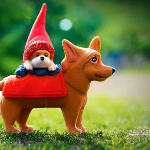 Image similar to 8k highly detailed photograph of gnome riding a corgi like a horse,