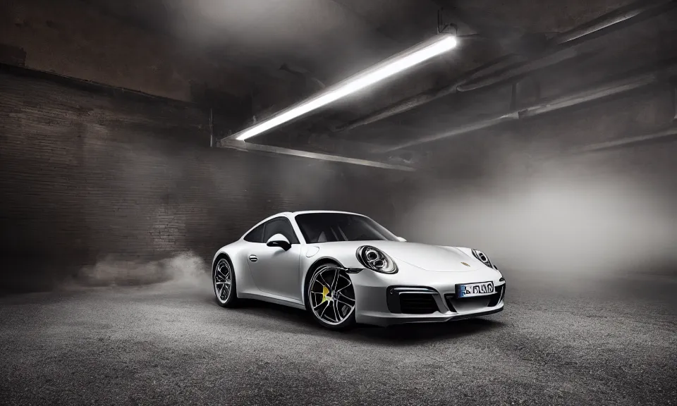 Image similar to photo of a porsche 911 standing in a garage with its headlights turned on, mist, volumetric light, 4k
