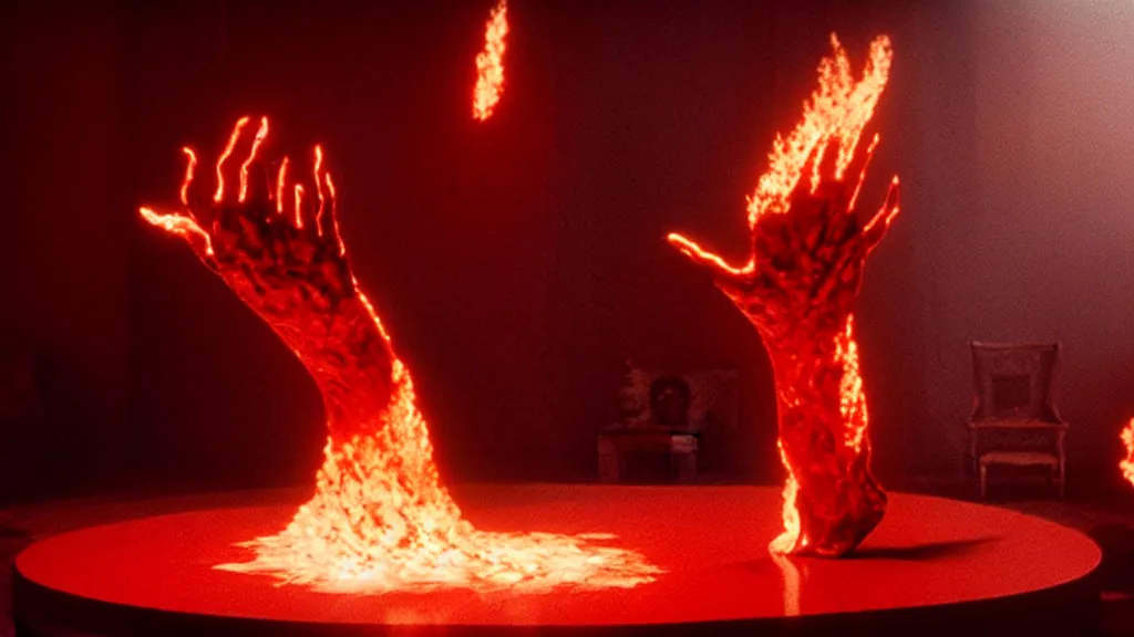 Image similar to a giant hand made of blood and fire floats through the living room, film still from the movie directed by Denis Villeneuve with art direction by Salvador Dalí, wide lens