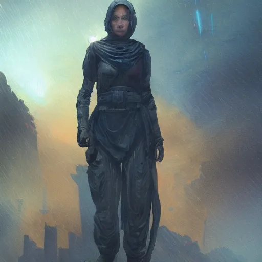 Image similar to A portrait of a blue eye girl, ruins of a destroyed city and a yellow-red moon on background, techwear, Sith, battle worn, night, rainy atmosphere, natural volumetric light, intricate, highly detailed, digital painting, concept art, sharp focus, illustration, Star Wars art, art by greg rutkowski, matte painting, trending on artstation