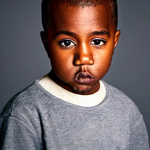 Image similar to the face of kanye west at 5 years old, portrait by julia cameron, chiaroscuro lighting, shallow depth of field, 8 0 mm, f 1. 8