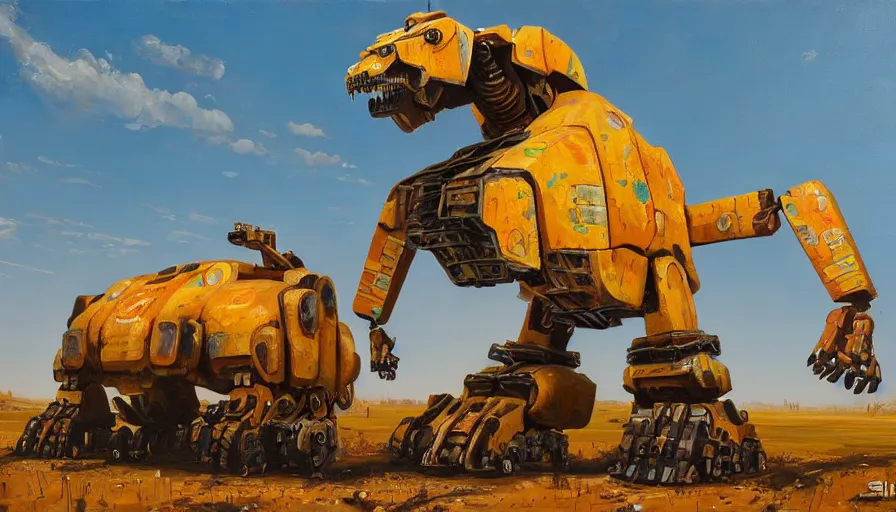 Image similar to an intricate oil painting of a giant south african armored cheetah shaped scrap metal mecha by simon stalenhag, yellow, orange and cyan paint decals