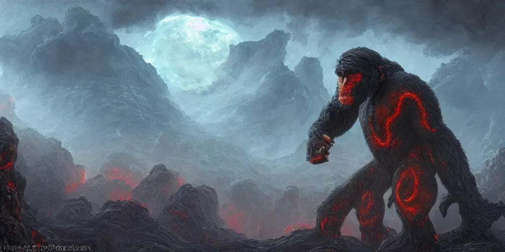 Prompt: concept art of giant ape titan, lava rocks, lovecraftian, renaissance, roaring, melting horror, round moon, rich clouds, fighting the horrors of the unknown, overgrown, very detailed, volumetric light, mist, fine art, decaying, textured oil over canvas, epic fantasy art, very colorful, ornate scales