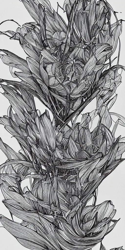 Prompt: highly detailed beautiful photography of flower, sharp focus, dramatic, dynamic lighting, elegant, black background, harmony, beauty, masterpiece, by durero, moebius, pen draw