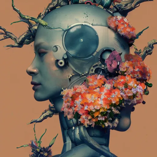 Image similar to surreal gouache painting, by yoshitaka amano, by ruan jia, by conrad roset, by good smile company, detailed anime 3 d render of a female mechanical android head with flowers growing out, portrait, cgsociety, artstation, rococo mechanical costume and grand headpiece, dieselpunk atmosphere