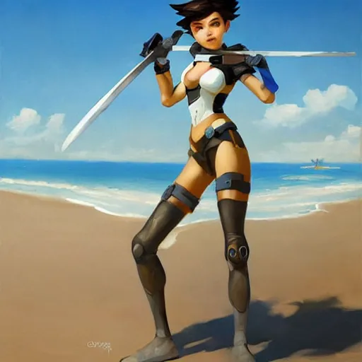 Prompt: greg manchess painting of tracer from overwatch as 2 b nier automata on the beach holding a sword, organic painting, sunny day, matte painting, bold shapes, hard edges, street art, trending on artstation, by huang guangjian and gil elvgren and sachin teng