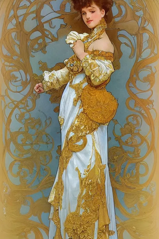 Image similar to portrait of a girl wearing an ornate gold and white dress, full body shot, highly detailed fantasy artstation artgerm alphonz mucha