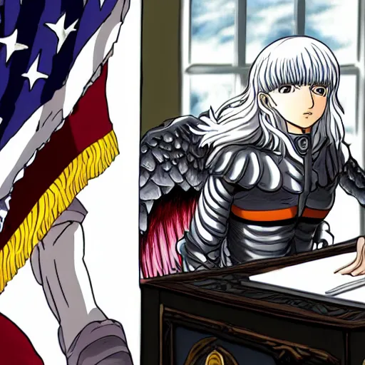 Image similar to a person cosplaying griffith from berserk manga by kentaro miura sitting at oval office desk with american flag