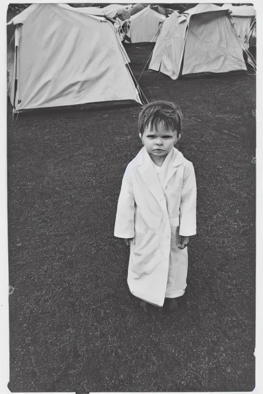 Image similar to photo polaroid of a sad and lonely child in a white coat and barefoot stands in the middle many big tents of field hospitals, pandemic, covid, loneliness, black and white ,photorealistic, 35mm film,