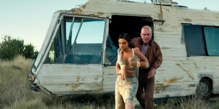 Image similar to film still of walter white carrying kim kardashian into an old derelict rv on the tv show breaking bad, cinematic-shot, 4k