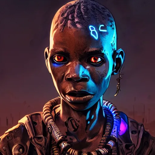 Image similar to a dark and ominous cyborg african child soldier with glowing eyes and tribal facial scarification, neon graffiti, Apex Legends character digital illustration portrait design, by android jones and greg rutkowski in a cyberpunk voodoo style, retrowave color scheme, detailed, cinematic lighting, wide angle action dynamic portrait