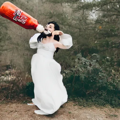 Prompt: evil bearded man in wedding dress attacking with a bottle of sriracha