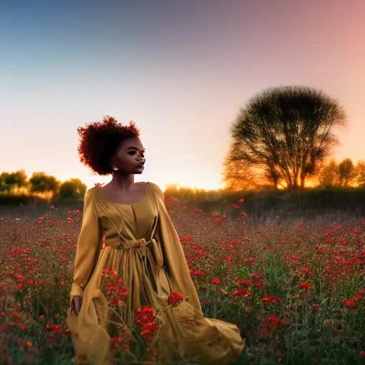 Prompt: brown skin goddess, with gold crown,curly light brown hair gold fairytale dress , standing in a field of flowers, sunset, realistic, 4k,