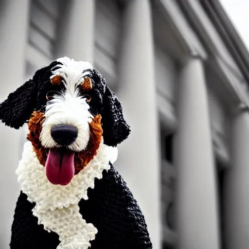 Image similar to a closeup photorealistic photograph of a cute smiling knitted bernedoodle judge dog dressed in a black gown, presiding over the courthouse. indoor image, professional capture, well lit shot. this 4 k hd image is trending on artstation, featured on behance, well - rendered, extra crisp, features intricate detail, epic composition and the style of unreal engine.