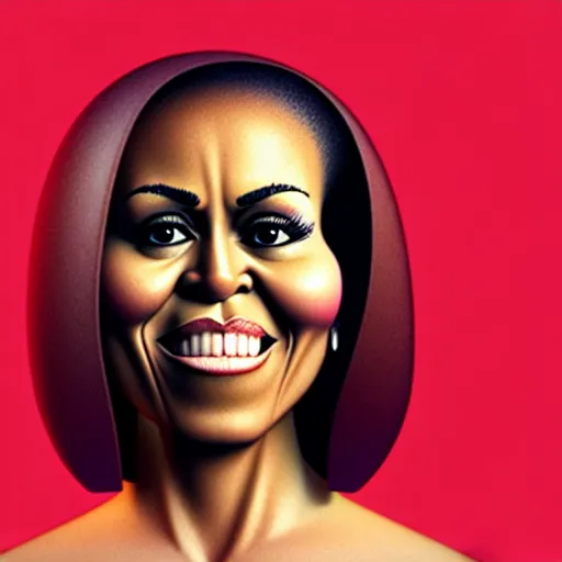 Image similar to fruit character that looks just like michelle obama as a pomegranate, 8 k, fruit eyes, fruit world, beautiful matte painting, by johfra bosschart, hyper realistic, studio lighting, octane render