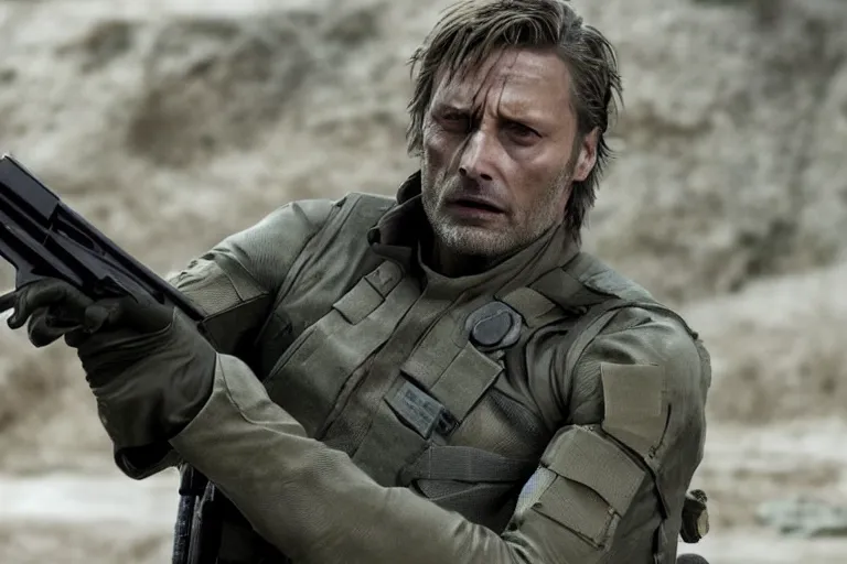 Prompt: Mads Mikkelsen as Solid Snake in Metal Gear Solid (2022), high quality 4k