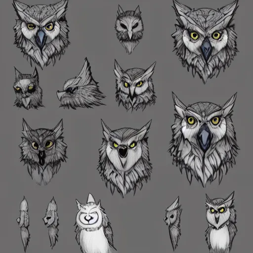 Prompt: mixture between an! owl and wolf, character reference sheet, featured on artstation