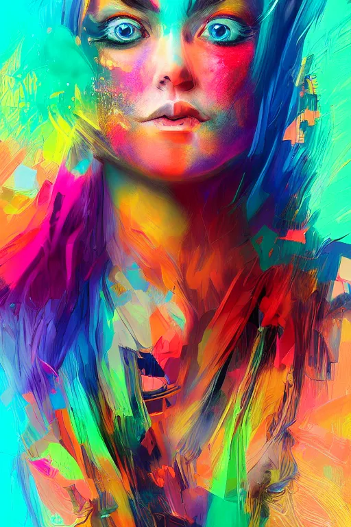 Prompt: beautiful confused female artist, vibrant colors, glitch, character concept art, weta digital
