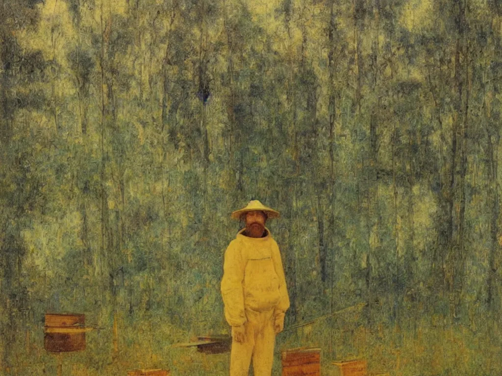 Image similar to painting by mikalojus konstantinas ciurlionis, bosch. portrait of a man in beekeeping suit. landscape with castle