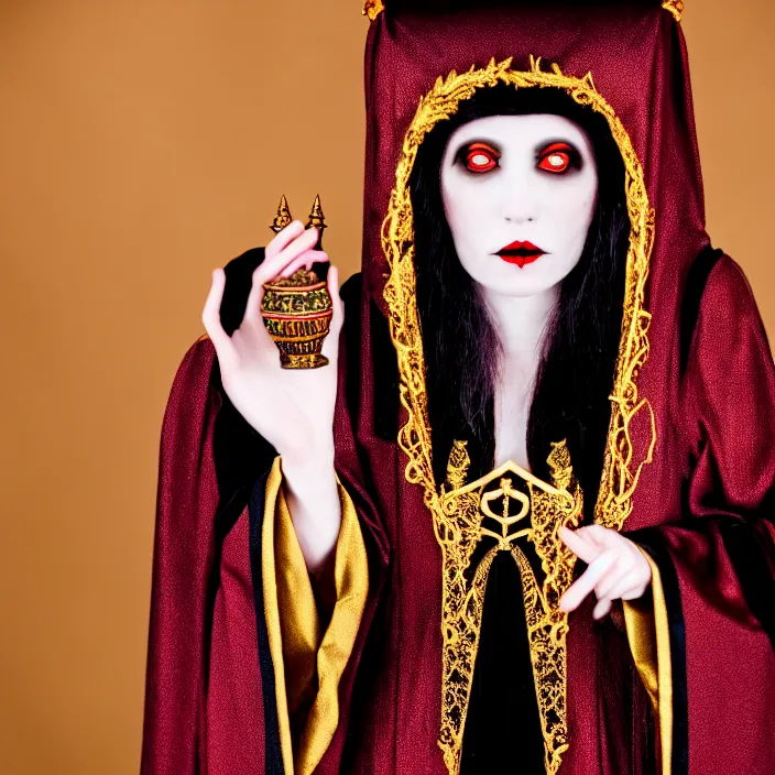 Prompt: photograph of a vampire queen with ornate robes. extremely detailed. dslr. 3 5 mm 8 k