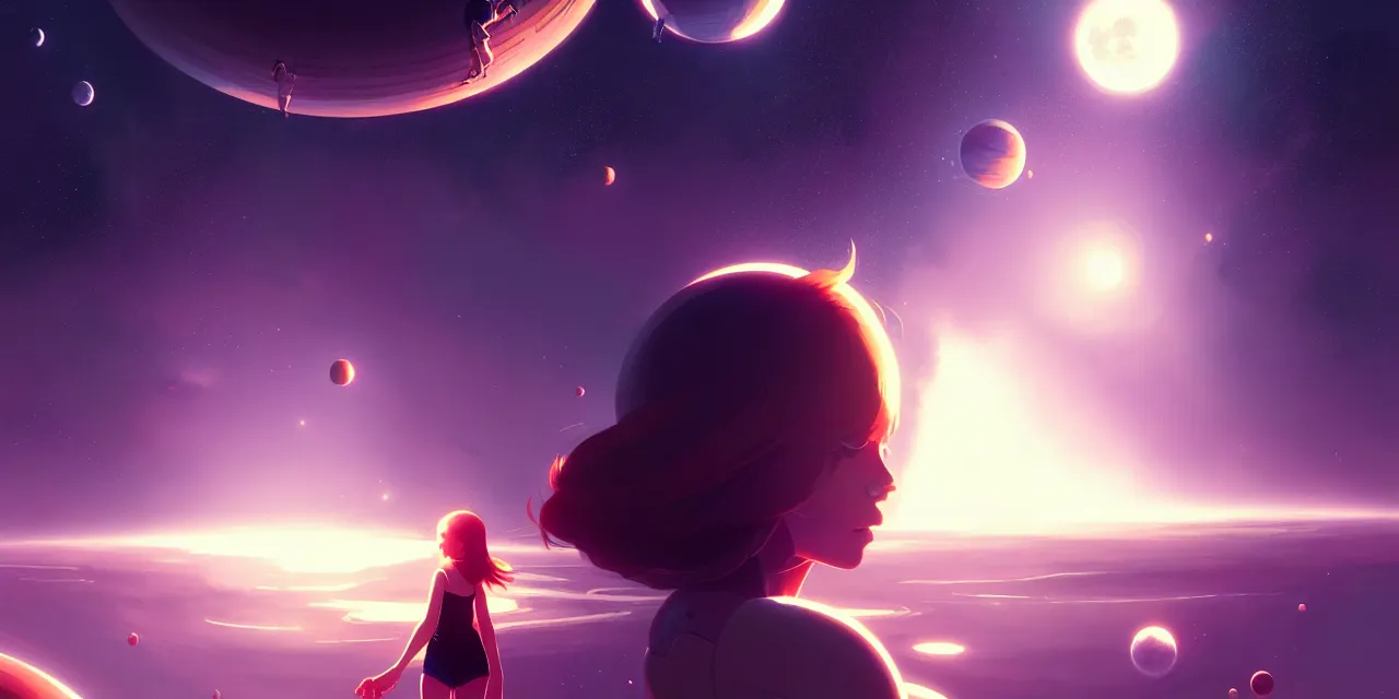 Image similar to girl in space, floating beside planets, dynamic composition, detailed designs, digital painting, 4 k, by ilya kuvshinov, by greg rutkowski, atmospheric lighting