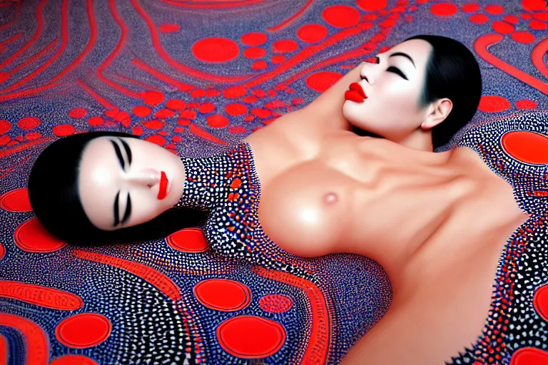 Image similar to hyperrealistic detailed image of a geisha laying in a art installation, interior by yayoi kusama, part by kei mieno, part by alex gray, part by ross tran, part by james jean, ultra realistic, highly detailed, life like face, detailed body, 8 k, octane render, trending on artstation, very cohesive, masterpiece