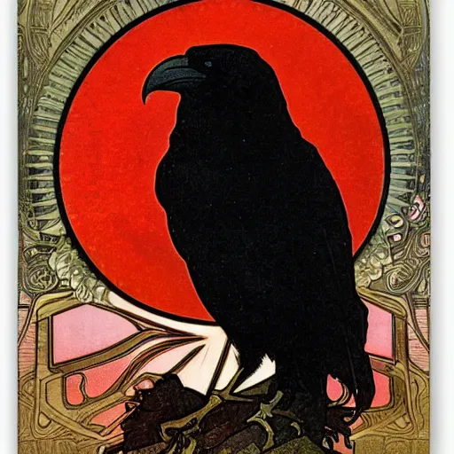 Image similar to a black raven in front of the red moon by alphonse mucha