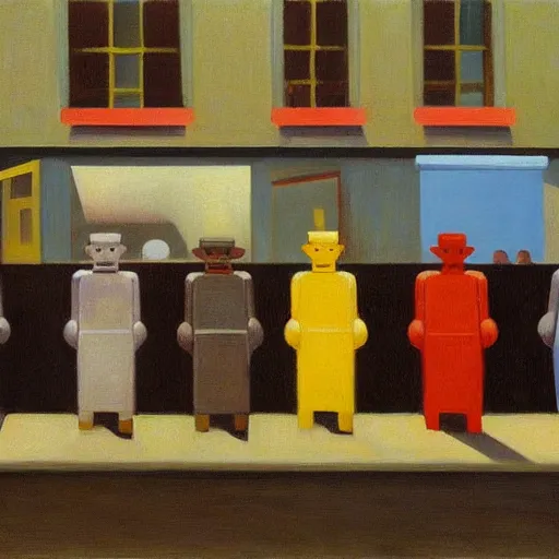 Prompt: robots queue up for ice cream, grant wood, pj crook, ( ( ( edward hopper ) ) ), oil on canvas