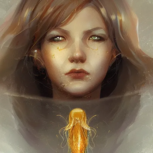 Image similar to The shining golden queen of jellyfish soars in the thick gray stormy ocean artstation , highly detailed, portrait, by krenz cushart
