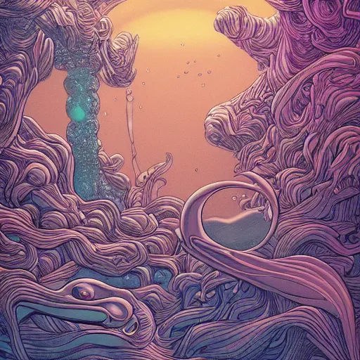 Prompt: metallic ethereal underwater paradise in the style of moebius, james jean, mcbess!!!, cinematic, highly detailed, award winning, 8 k photorealistic