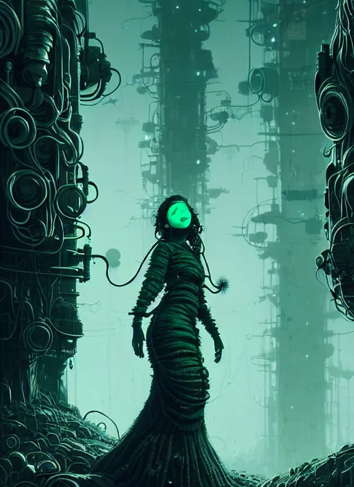 Image similar to highly detailed portrait of a frostpunk long curly white hair tribal lady, stray wiring by atey ghailan, james gilleard, by joe fenton, by greg rutkowski, by greg tocchini, by kaethe butcher, 4 k resolution, gradient green, black and white color scheme!!! ( ( green slime robotic dystopian city background ) )