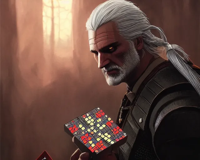 Image similar to 5 5 mm portrait photo of geralt trying to solve a rubix cube. magical atmosphere. art by greg rutkowski. highly detailed 8 k. intricate. lifelike. soft light. nikon d 8 5 0.