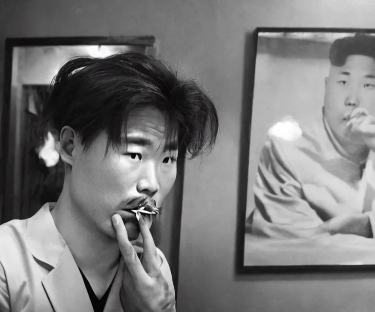 Prompt: hyperralism pineapple express movie still photography of real detailed north korean kim chen with detailed face smoking detailed weed joint in basement bedroom photography by araki nobuyoshi
