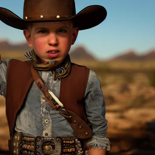 Image similar to wild west boy. photo realistic, 8 k, hd, dcim