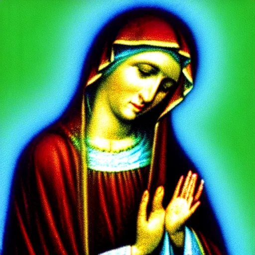 Image similar to vhs static overlay of virgin mary, vhs, 1 9 9 0, highly realistic, highly detailed, vhs noise static